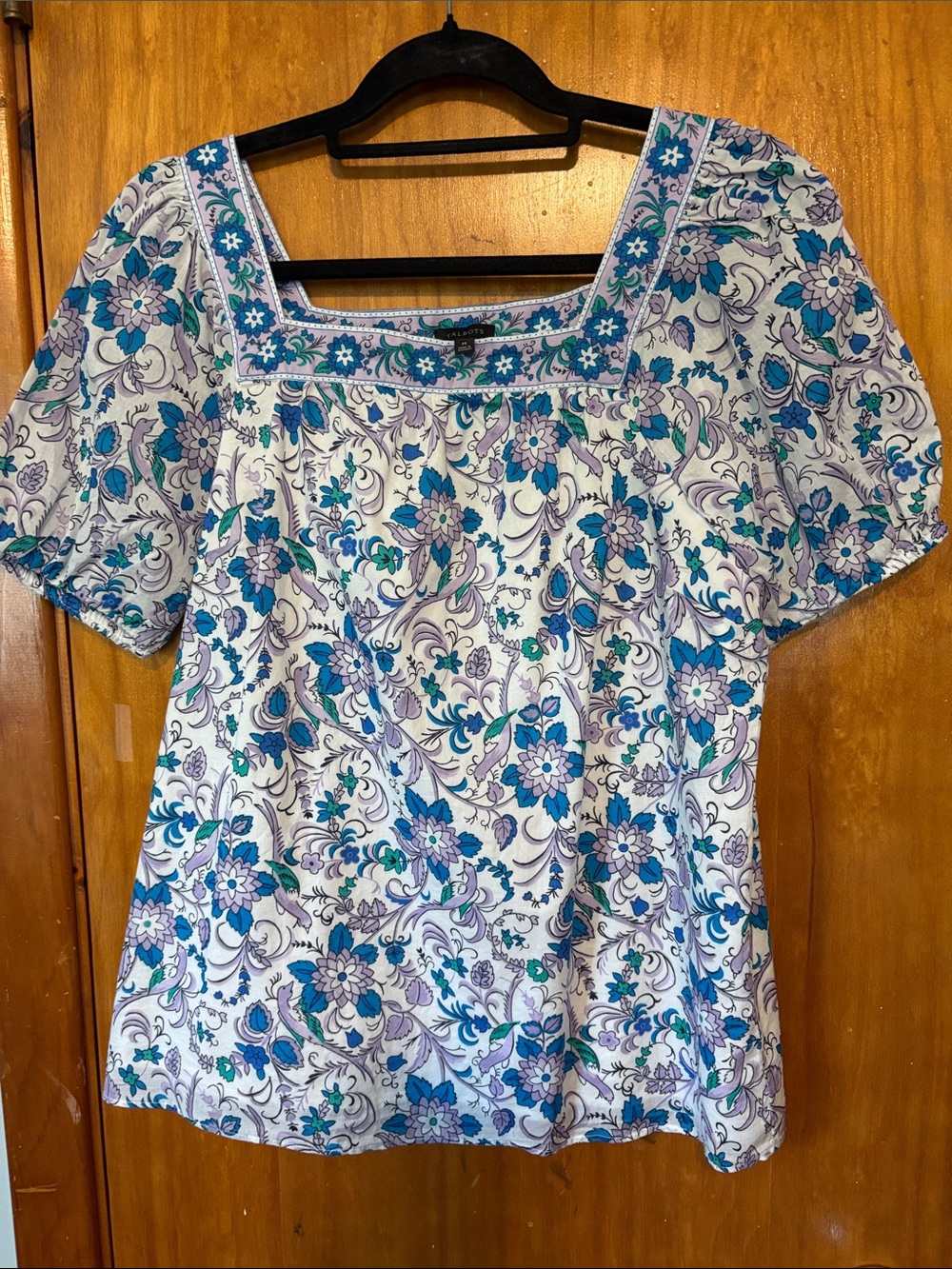 Floral Square-Neck Women’s Top in Blue, Green and Purple - Size M